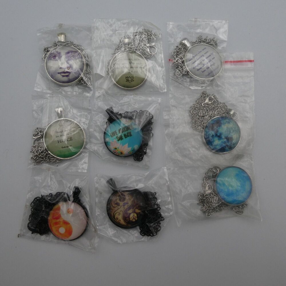Lot of 9 Glass Cabochon Pendant Necklaces Graphic Art Quote Yin Yang Celestial